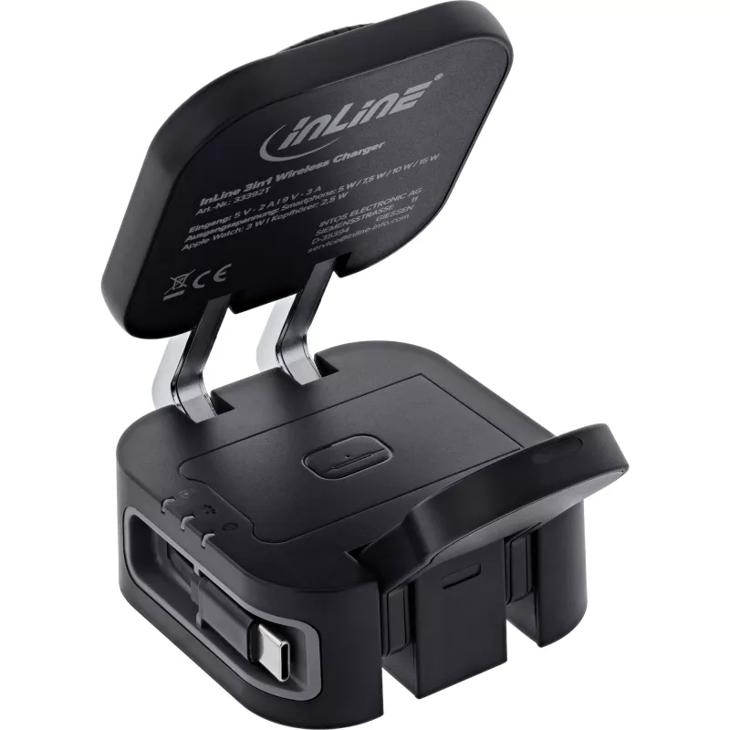 Bezvadu lādētājs 3-in-1 InLine 33392T austiņām, viedtālruņiem un viedpulksteņiem — USB 9/12 V, Melns