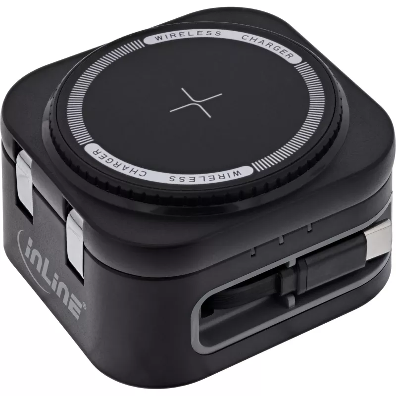 Bezvadu lādētājs 3-in-1 InLine 33392T austiņām, viedtālruņiem un viedpulksteņiem — USB 9/12 V, Melns