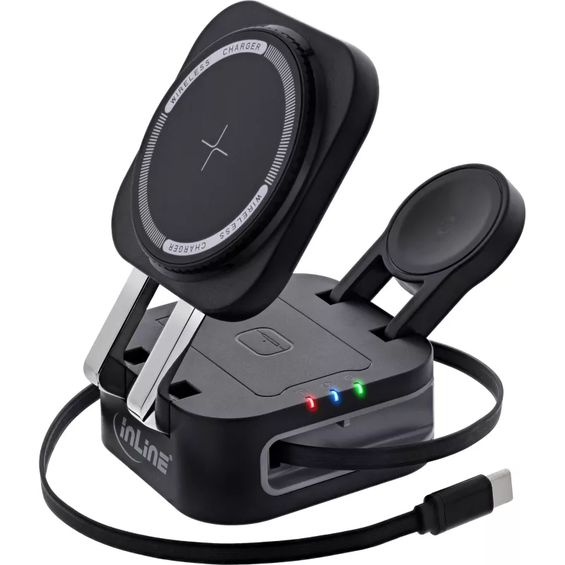 Bezvadu lādētājs 3-in-1 InLine 33392T austiņām, viedtālruņiem un viedpulksteņiem — USB 9/12 V, Melns