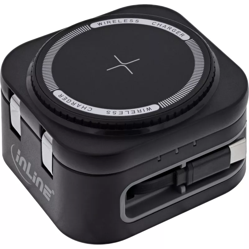 Bezvadu lādētājs 3-in-1 InLine 33392T austiņām, viedtālruņiem un viedpulksteņiem — USB 9/12 V, Melns