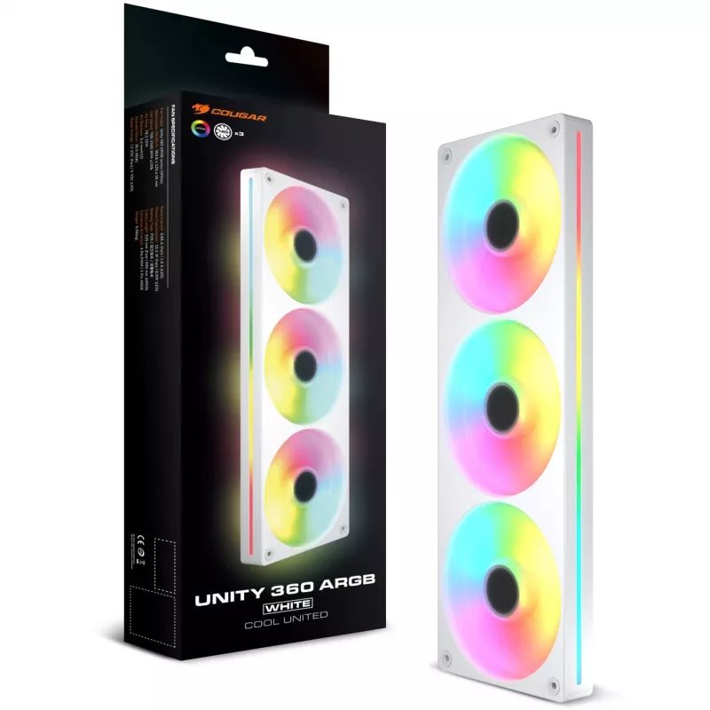 COUGAR Unity360-FB 360mm viena rāmja ARGB PWM reversais ventilatoru komplekts, 120mm x3, 700–1600 RPM, FDB, Balts