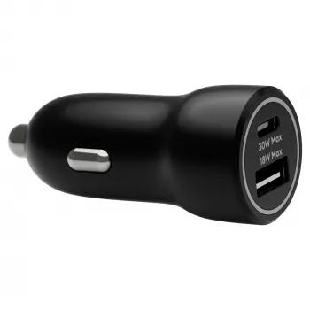 Auto lādētājs d bramante re-charge — USB-C 30W + USB-A 18W, 12–24V, Melns