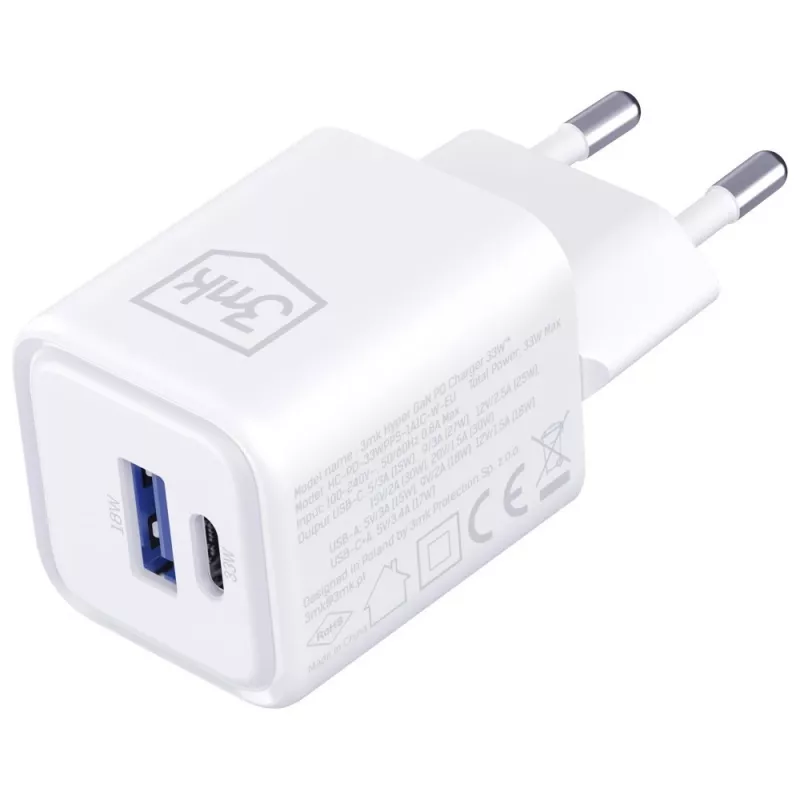3MK Hyper Charger PD 33W GaN QC4+ balts — USB-C lādētājs 33W, GaN, Quick Charge 4+