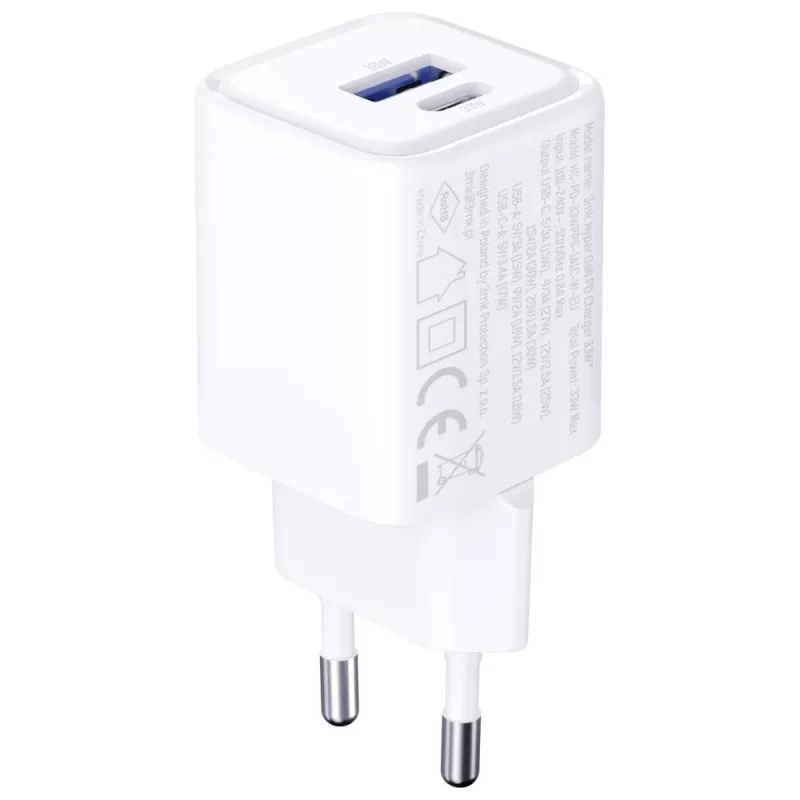 3MK Hyper Charger PD 33W GaN QC4+ balts — USB-C lādētājs 33W, GaN, Quick Charge 4+