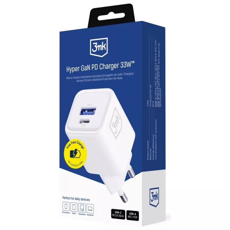 3MK Hyper Charger PD 33W GaN QC4+ balts — USB-C lādētājs 33W, GaN, Quick Charge 4+