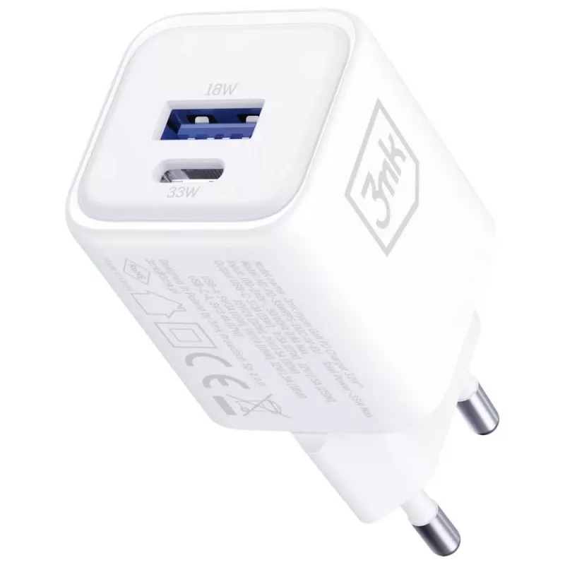 3MK Hyper Charger PD 33W GaN QC4+ balts — USB-C lādētājs 33W, GaN, Quick Charge 4+