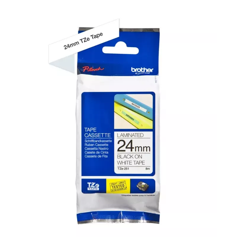 Lentīšu kasetne Brother TZE-251 (24 mm, balta uz melna, 8 m)