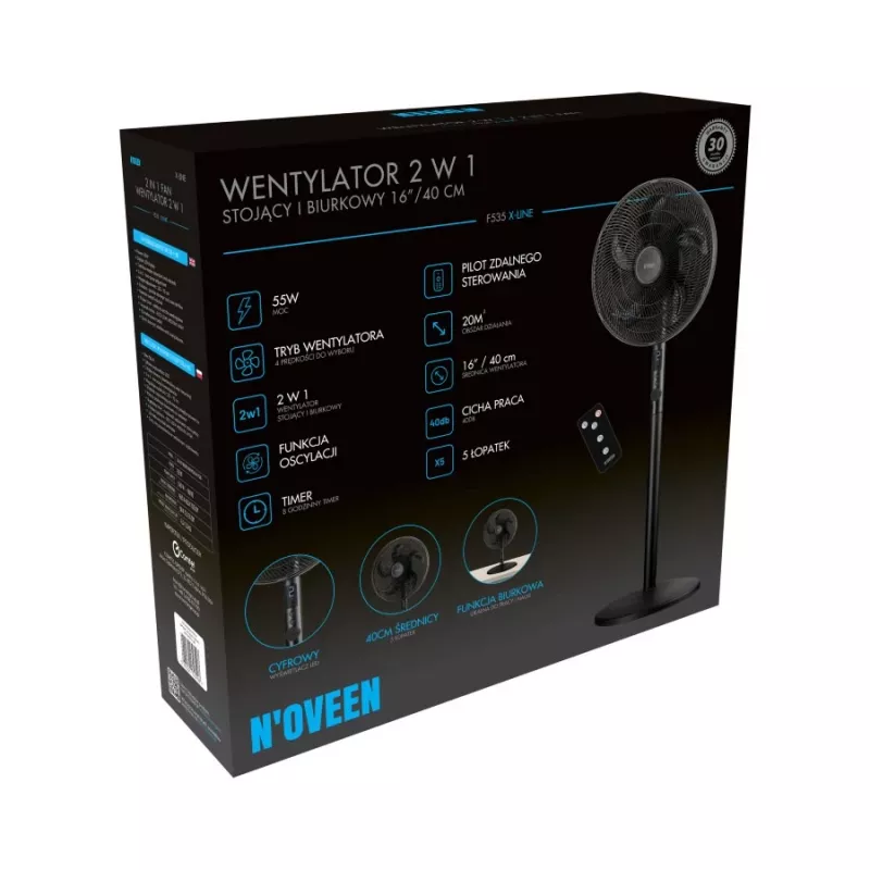 Noveen F535 X-Line 2-in-1 stāvošais un galda ventilators, 40 cm, melns