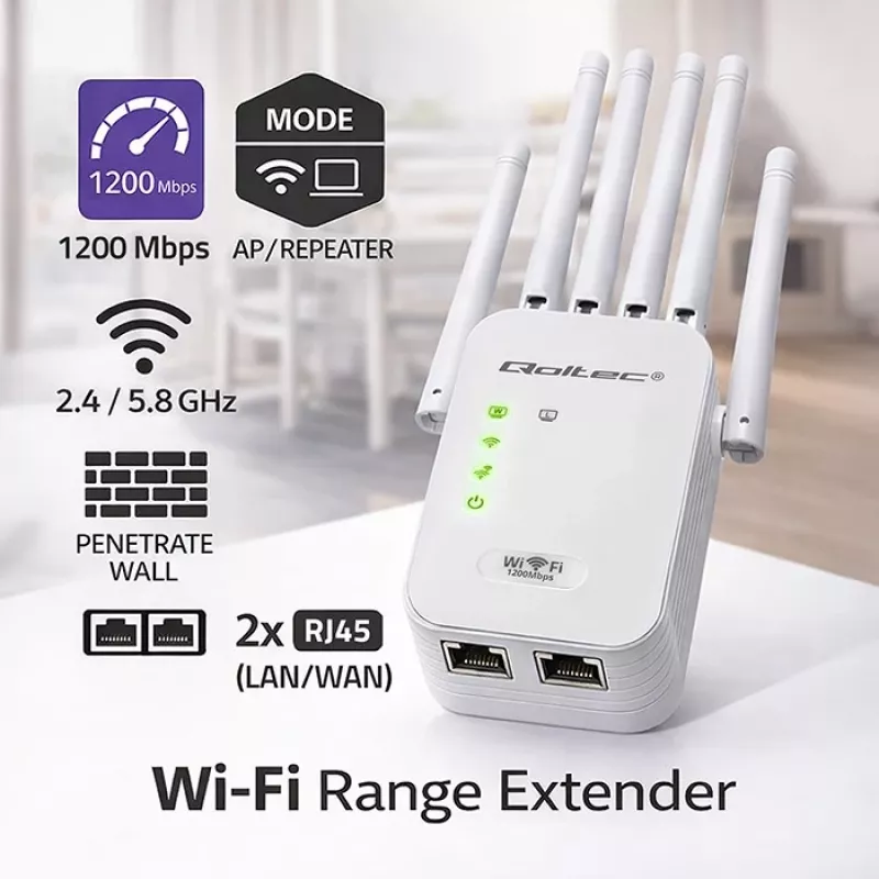Wi‑Fi signāla pastiprinātājs QOLTEC AC1200 – divu joslu diapazona paplašinātājs