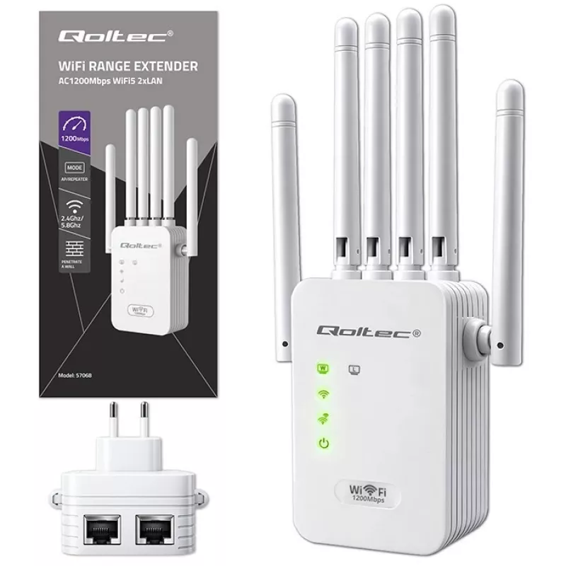 Wi‑Fi signāla pastiprinātājs QOLTEC AC1200 – divu joslu diapazona paplašinātājs