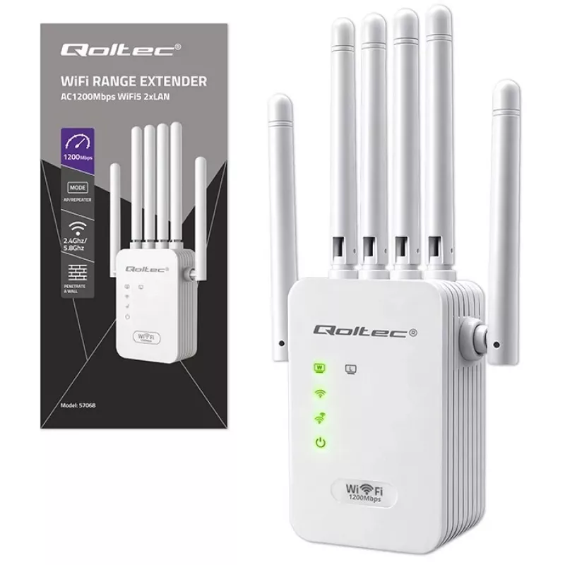 Wi‑Fi signāla pastiprinātājs QOLTEC AC1200 – divu joslu diapazona paplašinātājs