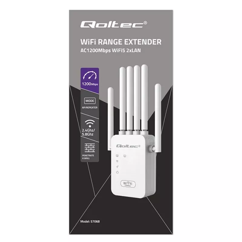 Wi‑Fi signāla pastiprinātājs QOLTEC AC1200 – divu joslu diapazona paplašinātājs
