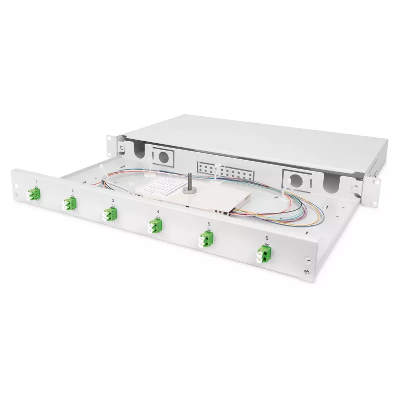 Šķiedru optikas sadales kārba DIGITUS DN-96330/9APC 1U, 6x LC-APC DX, OS2, polimērs/tērauds, gaiši pelēka
