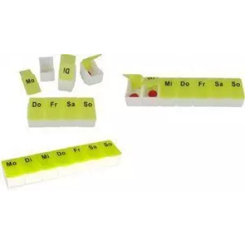 Tablešu organizators 7 dienām, pirmās palīdzības komplekts, plastmasa balta/zaļa, 7 izņemami nodalījumi, bez BPA