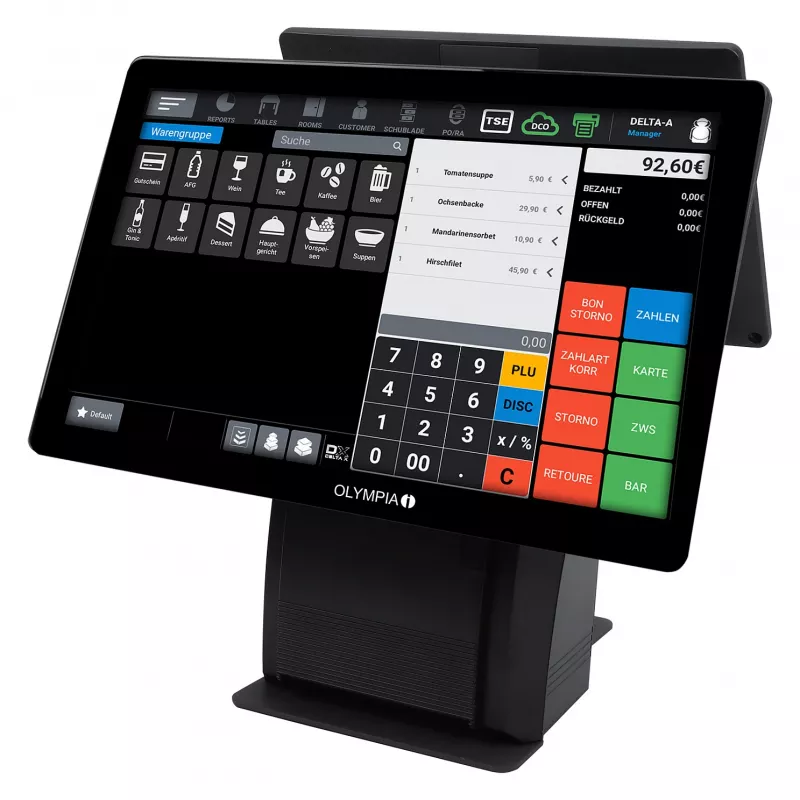 Viss-vienā Olympia T215DK 15 collu (38,1 cm) skārienekrāns Android 11, tiešās termodrukas printeris 8 cm, melns