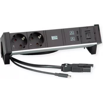 Bachmann DESK2 ALU BLACK – galda strāvas modulis ar 2x CEE7/3 ligzdām, 1,0 m kabeli, 22W USB lādētāju