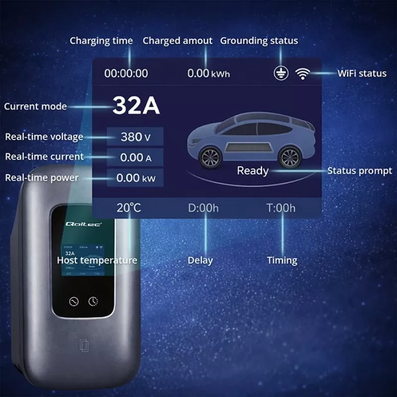 EV uzlādes stacija QOLTEC 3-fāžu 22 kW 32 A ar WiFi (modelis 52723)