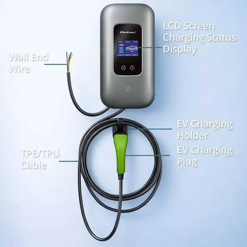 EV uzlādes stacija QOLTEC 3-fāžu 22 kW 32 A ar WiFi (modelis 52723)