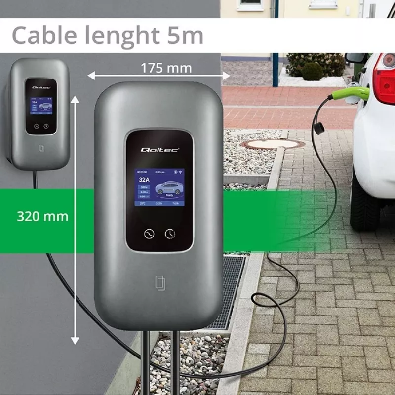 EV uzlādes stacija QOLTEC 3-fāžu 22 kW 32 A ar WiFi (modelis 52723)