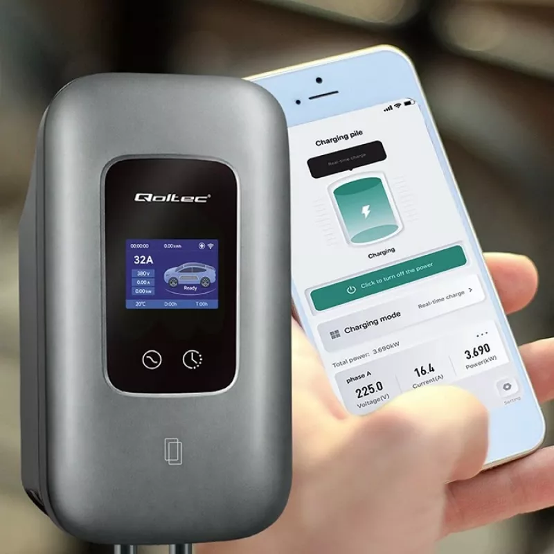 EV uzlādes stacija QOLTEC 3-fāžu 22 kW 32 A ar WiFi (modelis 52723)