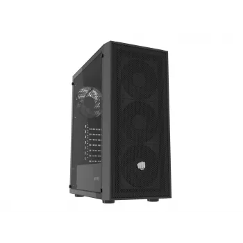 Fury Shobo SH8F Midi Tower korpuss — melns, ar logu, bez barošanas bloka, 2×USB 3.0, 1×USB 2.0, 2×audio, iekļauti 4×120mm ventilatori