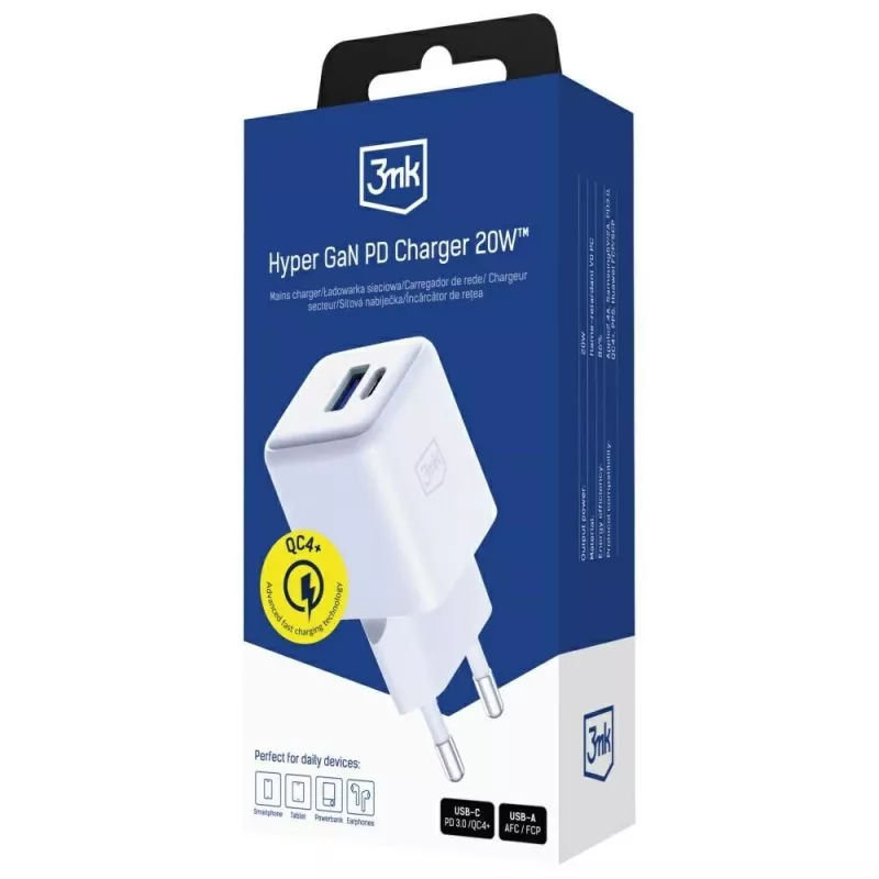 3MK Hyper GaN lādētājs 20W 1xUSB-A 1xUSB-C PD QC4+ balts