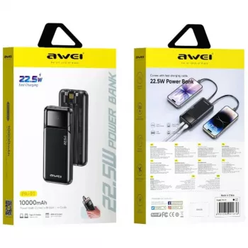 Powerbank Awei PA-91 10000mAh 22,5W PD 2xUSB-C + Kabelis Melns