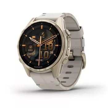 Viedpulkstenis GARMIN Fenix 8 43 mm, 1,3 collu AMOLED 416×416, skārienekrāns, Wi‑Fi, GPS, 32 GB, zelta korpuss, pelēka ādas siksniņa