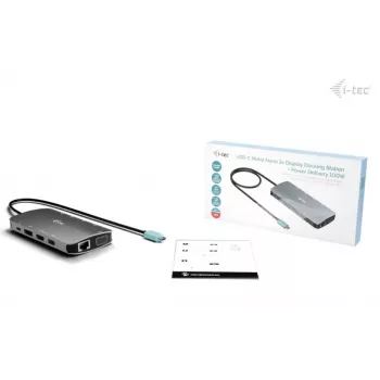 Docking stacija ITEC i-tec USB-C Metal Nano 3x displejs (DP, HDMI, VGA) ar Power Delivery 100 W, 4x USB-A, Gigabit Ethernet