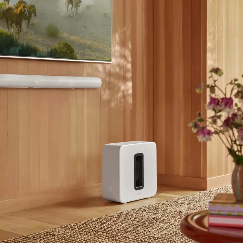 Aktīvais zemfrekvenču skaļrunis Sonos Sub 4 — D klases pastiprinātājs, AC 110–240V, 40.2×15.8×38.9 cm, Melns vai Balts