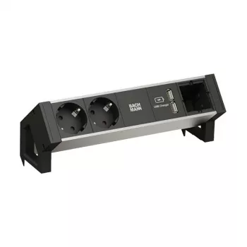 BACHMANN DESK2 ALU BLACK 2x kontaktligzda ar zemējumu 1x USB lādētājs 1x ABD GST18