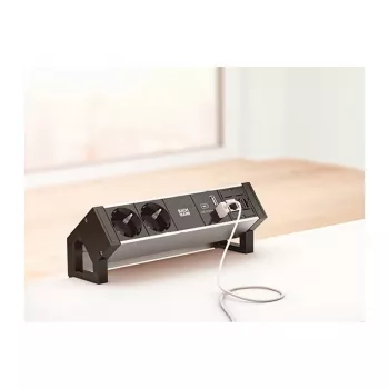 BACHMANN DESK2 ALU BLACK 2x kontaktligzda ar zemējumu 1x USB lādētājs 1x ABD GST18
