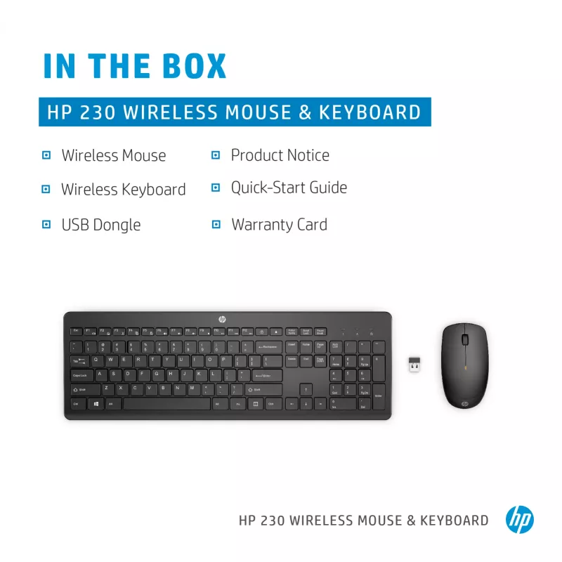 HP 230 bezvadu tastatūras un peles komplekts, pilna izmēra, RF bezvadu, membrānas, melns, pele iekļauta