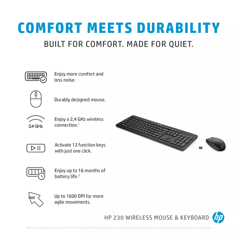 HP 230 bezvadu tastatūras un peles komplekts, pilna izmēra, RF bezvadu, membrānas, melns, pele iekļauta