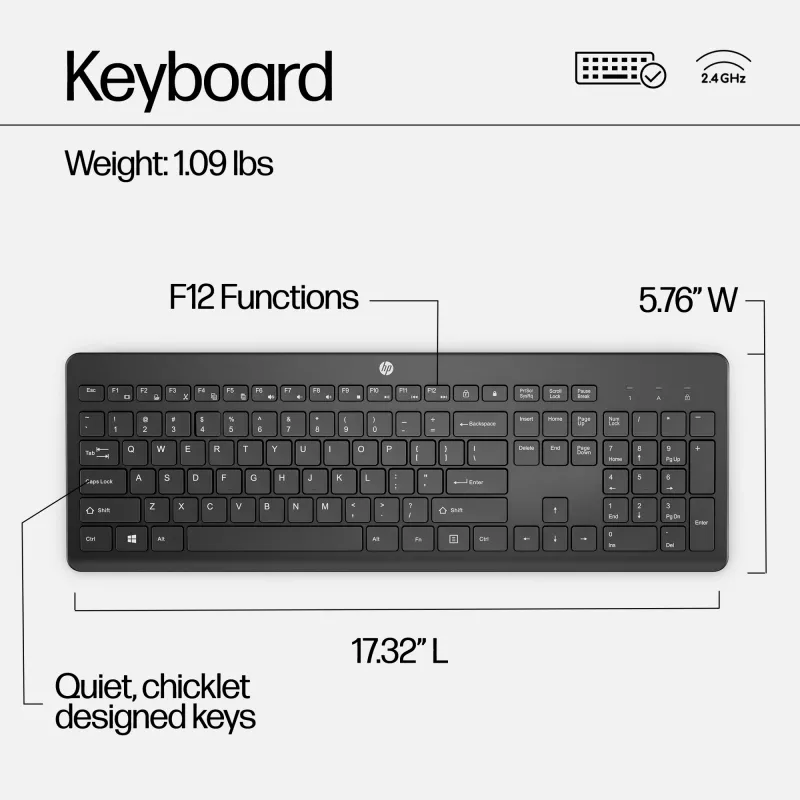 HP 230 bezvadu tastatūras un peles komplekts, pilna izmēra, RF bezvadu, membrānas, melns, pele iekļauta