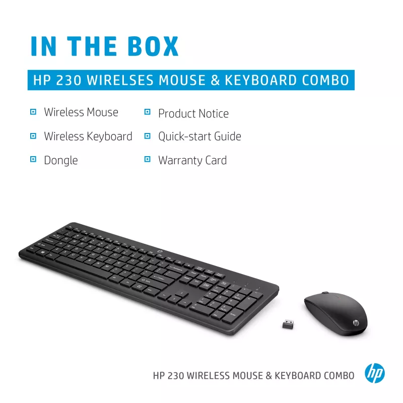 HP 230 bezvadu tastatūras un peles komplekts, pilna izmēra, RF bezvadu, membrānas, melns, pele iekļauta