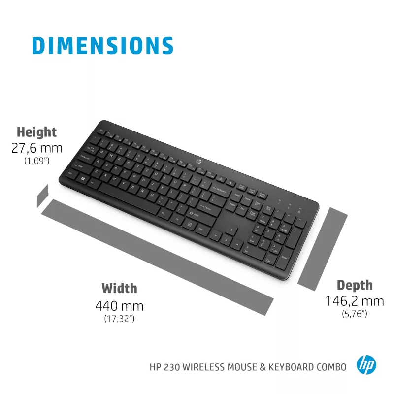 HP 230 bezvadu tastatūras un peles komplekts, pilna izmēra, RF bezvadu, membrānas, melns, pele iekļauta