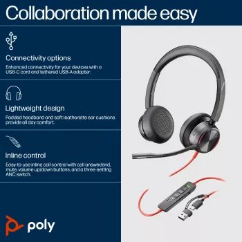 HP Poly Blackwire 8225 USB-C austiņas, vadu, birojam/zvanu centram, 185 g, melna
