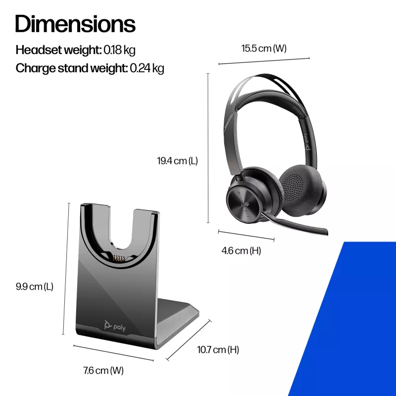HP Poly Voyager Focus 2-M USB-C-C austiņas ar uzlādes staciju un USB-C/A adapteri, Poly+ 3 gadi