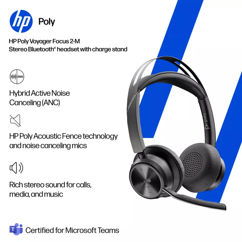 HP Poly Voyager Focus 2-M USB-C-C austiņas ar uzlādes staciju un USB-C/A adapteri, Poly+ 3 gadi