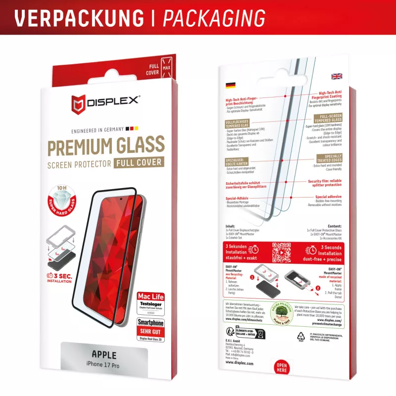 Displex iPhone 17 Pro Premium ekrāna aizsargs ar Mount Master — caurspīdīgs/melns