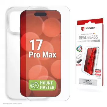 Displex rūdīts stikls un caurspīdīgs maciņš Apple iPhone 17 Pro Max — 360° aizsardzība ar EASY-ON® MountMaster