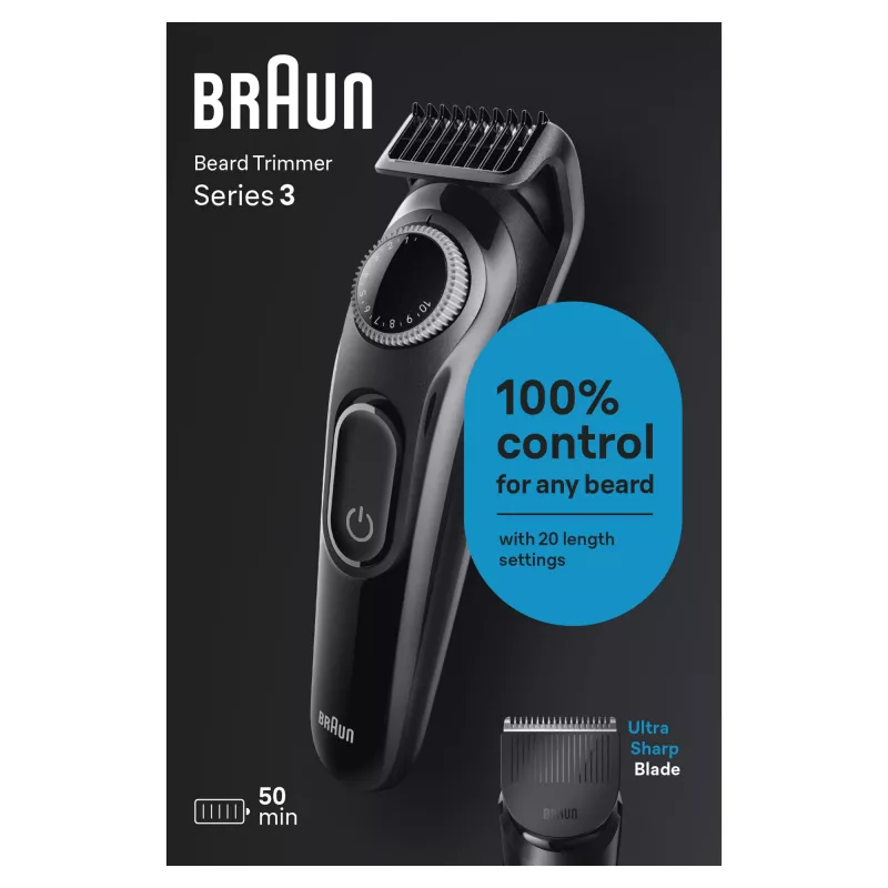Braun BeardTrimmer 3 BT3400 Bārdas Trimeris, Mazgājams, Akumulators, Melns