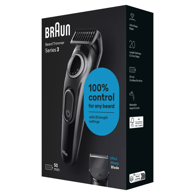 Braun BeardTrimmer 3 BT3400 Bārdas Trimeris, Mazgājams, Akumulators, Melns