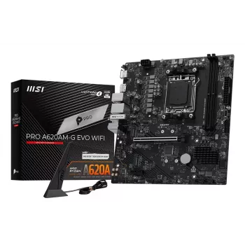 Mātesplate MSI Pro A620AM-G EVO WIFI — AMD A620A mikroshēmojums, Socket AM5, micro ATX, DDR5, 2 atmiņas sloti, Wi‑Fi 6E, 2.5Gb Ethernet