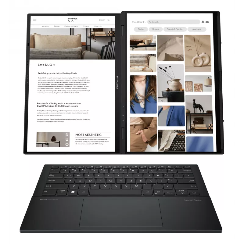 ASUS Zenbook Duo UX8406MA-QL308X Intel Core Ultra 7 155H hibrīds (2-in-1) 35.6 cm (14 collu) skārienekrāns WUXGA 16 GB LPDDR5x-SDRAM 1 TB SSD Wi-Fi 6E (802.11ax) Windows 11 Pro Pelēks