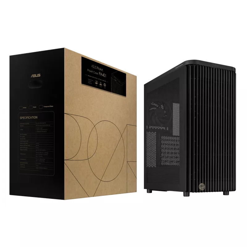 PC korpuss ASUS ProArt PA401 Mesh Panel Melns, ATX, 2x160mm priekšā, 1x120mm aizmugurē, 2x3.5 collu + 2x2.5 collu, USB 3.2 Gen1