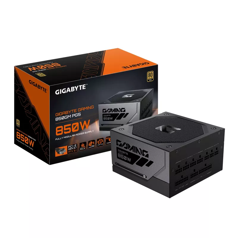 GIGABYTE GAMING 850GM PG5 barošanas bloks – PCIe 5.1, 80 PLUS Gold, pilnībā modulārs, 135 mm ventilators, ATX 3.1 saderīgs, EU kontaktdakša