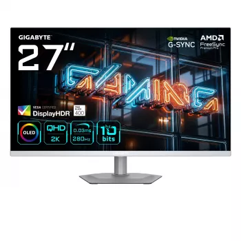 GIGABYTE MO27Q2A ICE 27 collu QD-OLED spēļu monitors — 2560×1440, 280Hz, 0.03ms, 250 cd/m², HDMI 2.1, DisplayPort 1.4