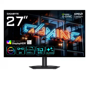 27 collu GIGABYTE MO27Q28GR WOLED QHD spēļu monitors — 2560×1440, 280Hz, 0.03ms, 335 cd/m², HDMI 2.1, DisplayPort 1.4